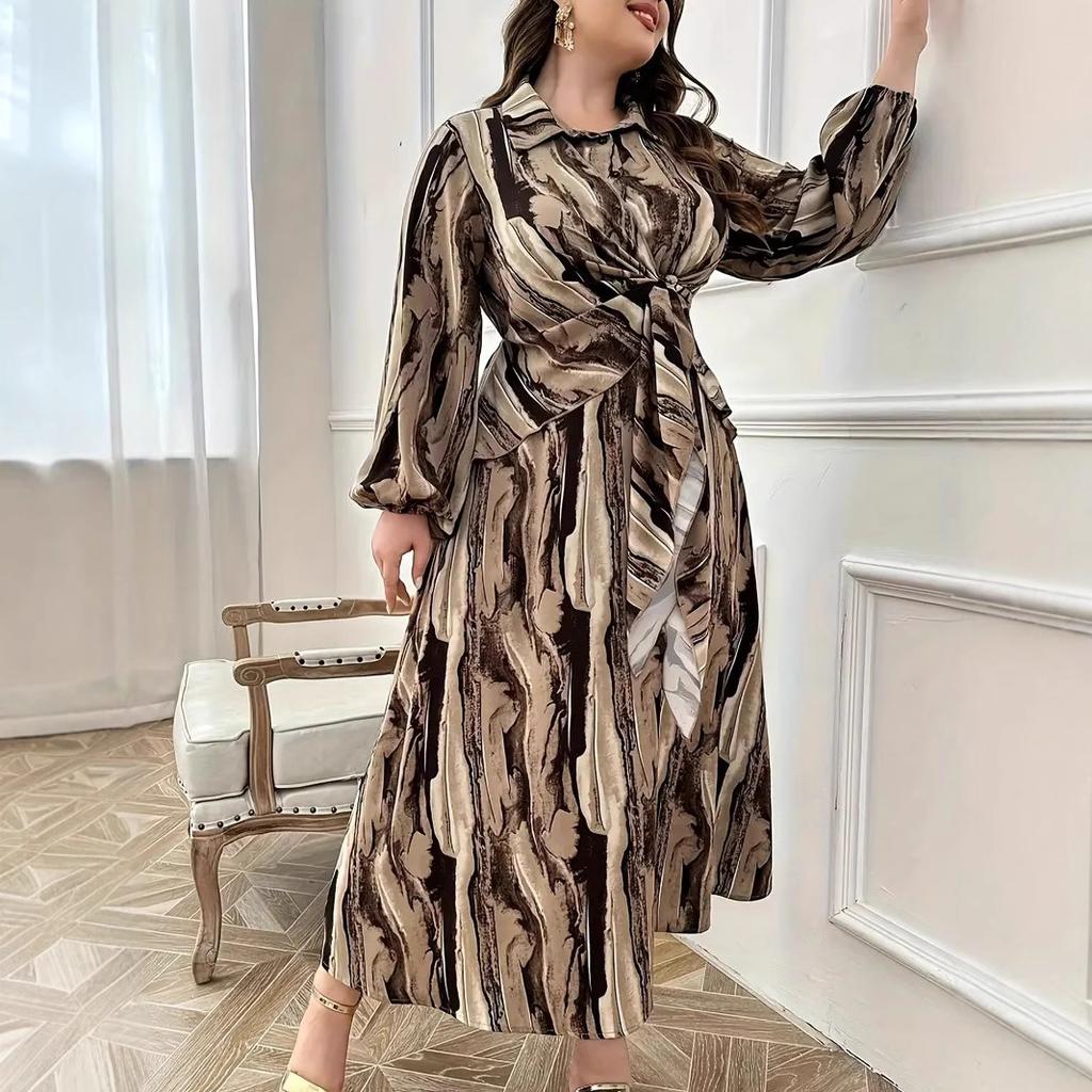 Damenkleid mit Taillenbindung, Übergröße, bedruckte Kleider