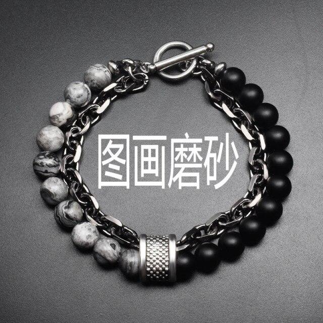 Latest Black White Stone Men 'S Bracelets Double Chain Link Stainless Steel Beaded Bracelets Bangle Male JewelryFashion Chain