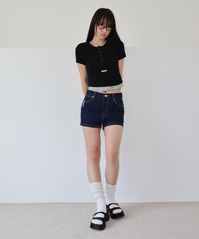 RONRON Button Layered Crop Half T Shirt Black Star