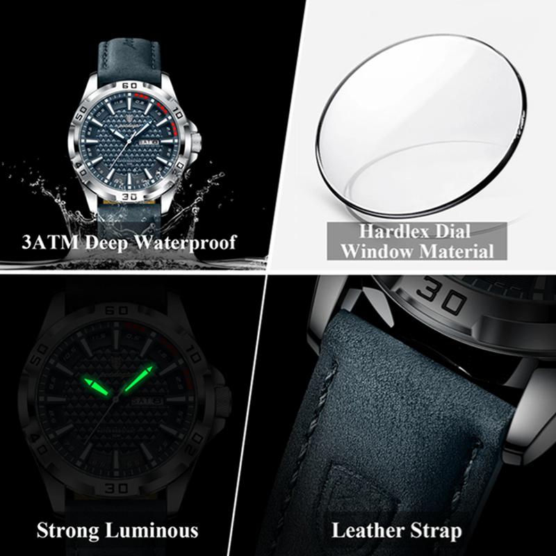Top Luxury Waterproof Luminous Date Week Watch For Men Quartz Sport Leather Men's Watches