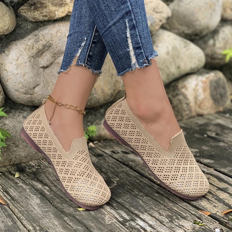 Loafers Autumn Casual Shoes Women Flat Heel Square Toe Hollow-out Sneakers Barefoot Shoe Moccasin Female Knitted 2024 New Work