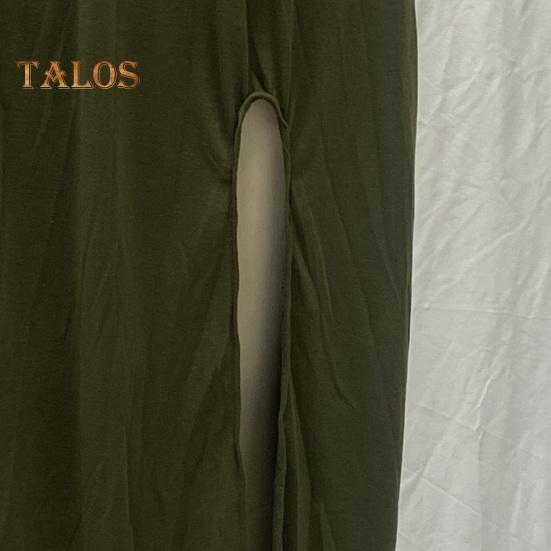 Women Summer Dress Pleated Round Neck Sleeveless Solid Color Loose Slit Hem Maxi Dress Daily Date Party Wear Long Dress