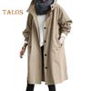 Women Windbreaker Hooded Button-down Loose Pure Color Coat Long Sleeves Knee Length with Pockets Tight Waist Windproof Lady Jacket