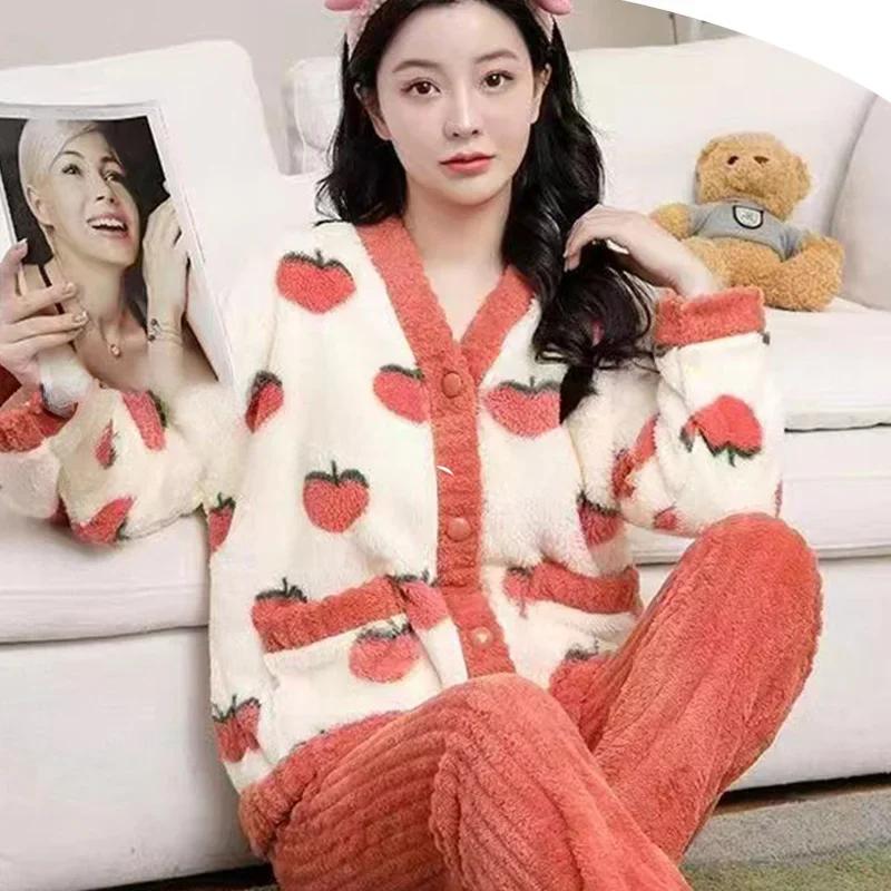 2PCS/Set Women's Coral Velvet Pajamas Small Fragrant Wind Winter Padded and Thickened Warm Peach-Coloured Student Sleepwear