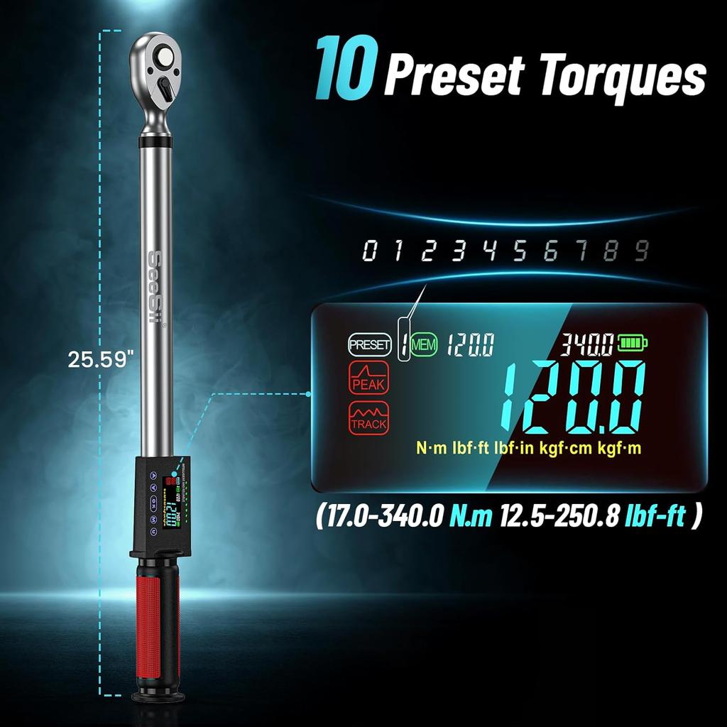 Seesii Digital Torque Wrench 1/2" Drive 340N.m 2% Torque Accuracy Electric Torque Wrench with 3 Adjustable Modes for Car Care