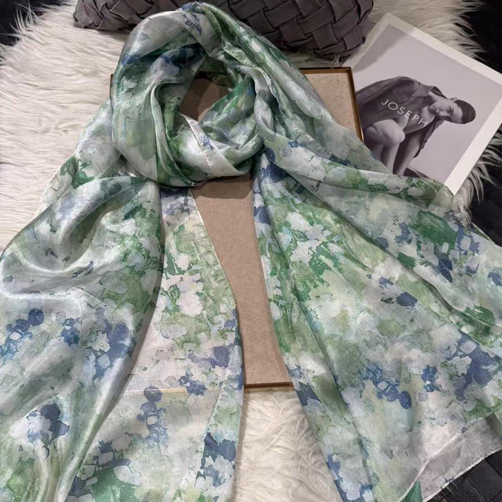 Bysifa|Blue White Silk Scarf Shawl Fall Winter Women Long Scarves Butterflies Design Summer Ladies Beach Silk Wrap Foulard