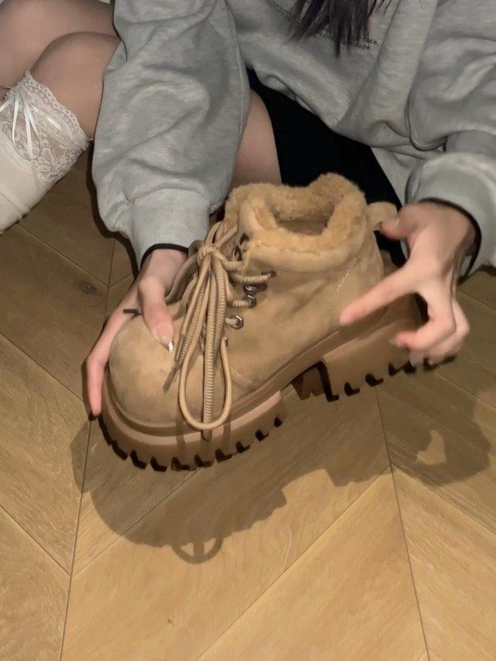 

Флисовые ботинки Мартина на толстой подошве для женской коллекции 2025 года, новые универсальные зимние утепленные сноубутсы с увеличением роста, нескользящие, Северо-Восточный Китай 40 хаки