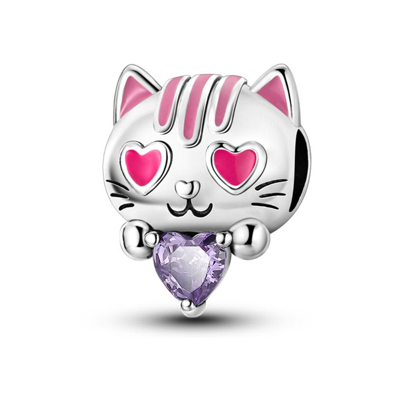 925 Silver Color Pink Rabbit Sheep Cat Dog Animal Charms Beads Fit 3mm 925 Bracelets Fine DIY Birthday Jewelry Make