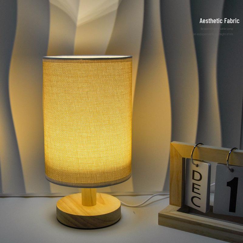 Nordic Solid Wood USB Table Lamp with Fabric Shade - LED Night Light for Bedroom & Study