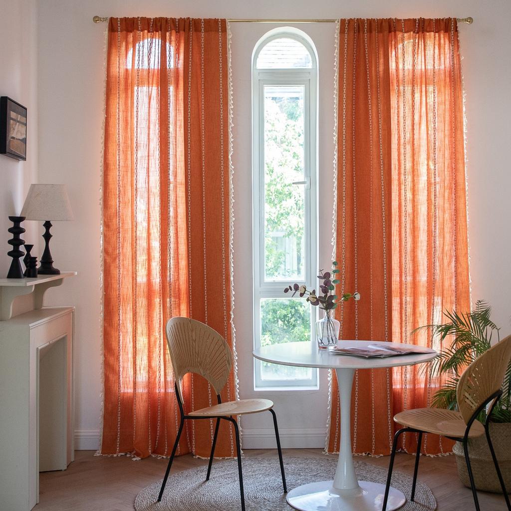 Curtain Finished Orange Multi-Striped Lines Contrasting Color Kitchen Curtain Semi-Blackout Floating Curtain