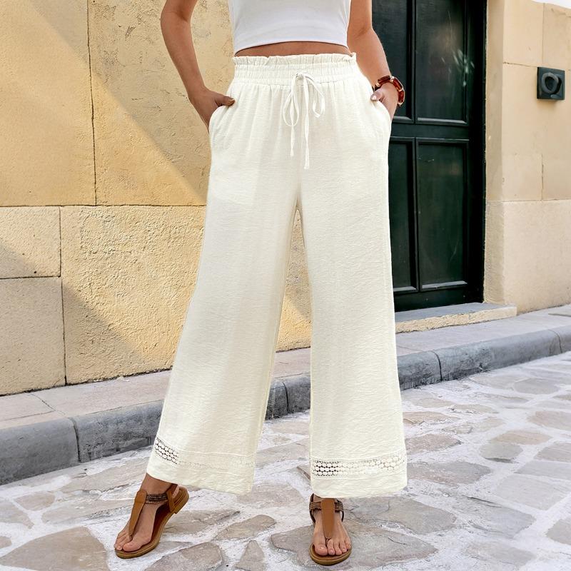 Women's Lace Trim Drawstring High-Waisted Wide Leg Pants