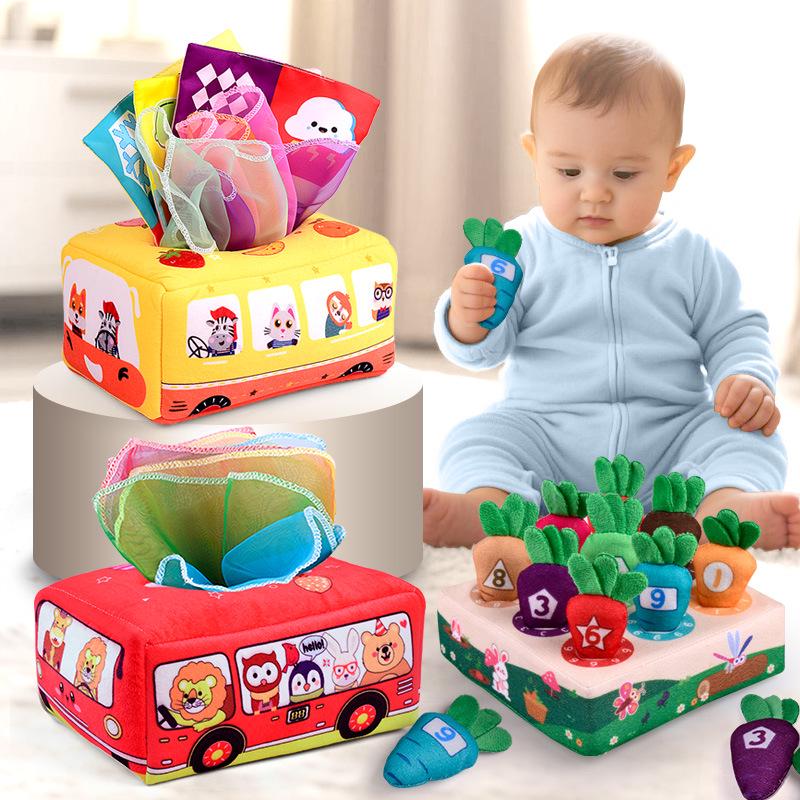 Baby Tissue Dispenser & Pull Toy for 0-1 Year Old - Educational Fun with Radishes