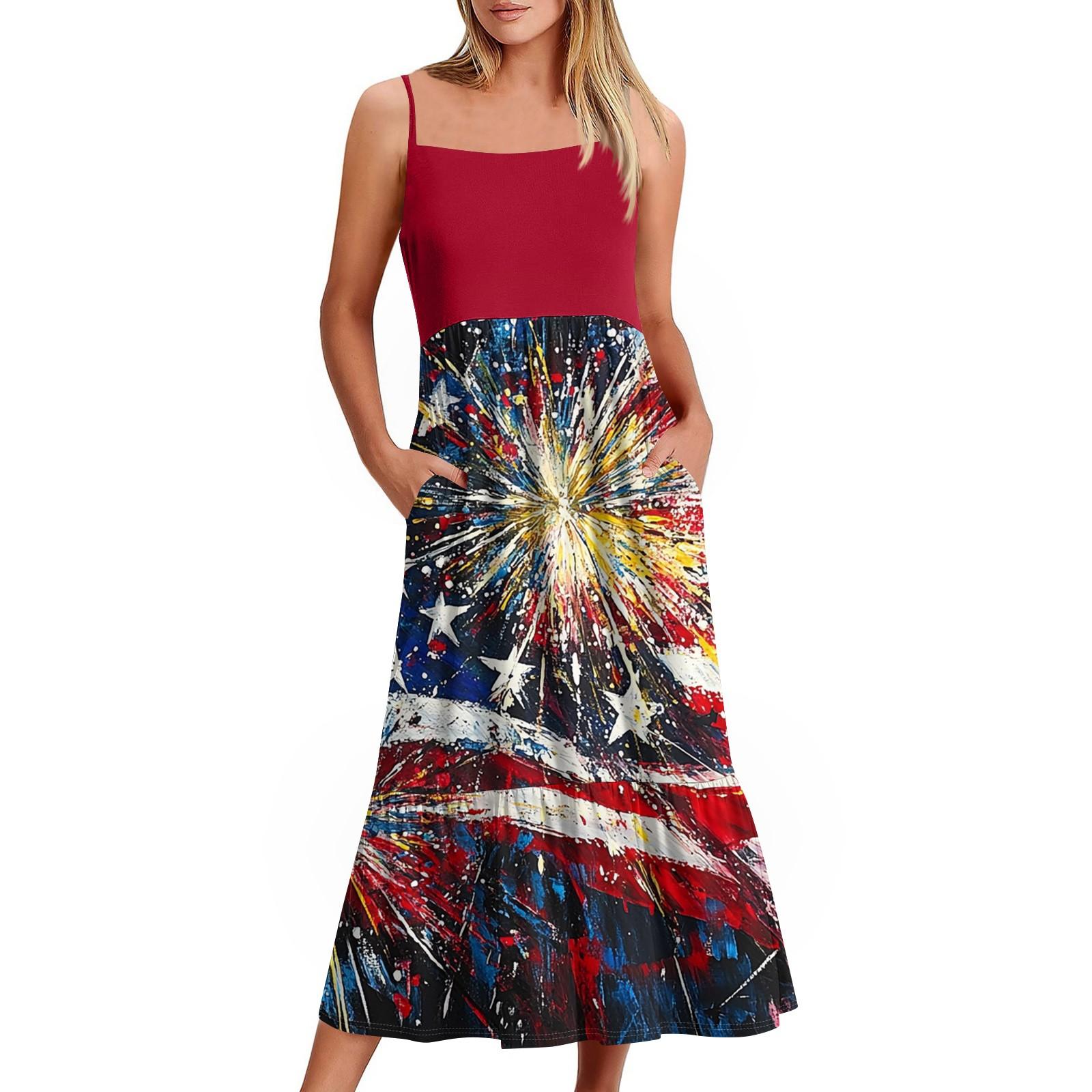

Women s Independence Day Printed Long Beach Casual Elegant Spaghetti Strap Maxi Dress Low Profile Flowy Dress XL кавун червоний колір