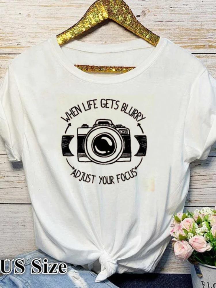 Adjust Your Focus Letter Camera Print T Shirt Women Short Sleeve O Neck Loose Women Tshirt Ladies Summer Tee Shirt Tops Clothes