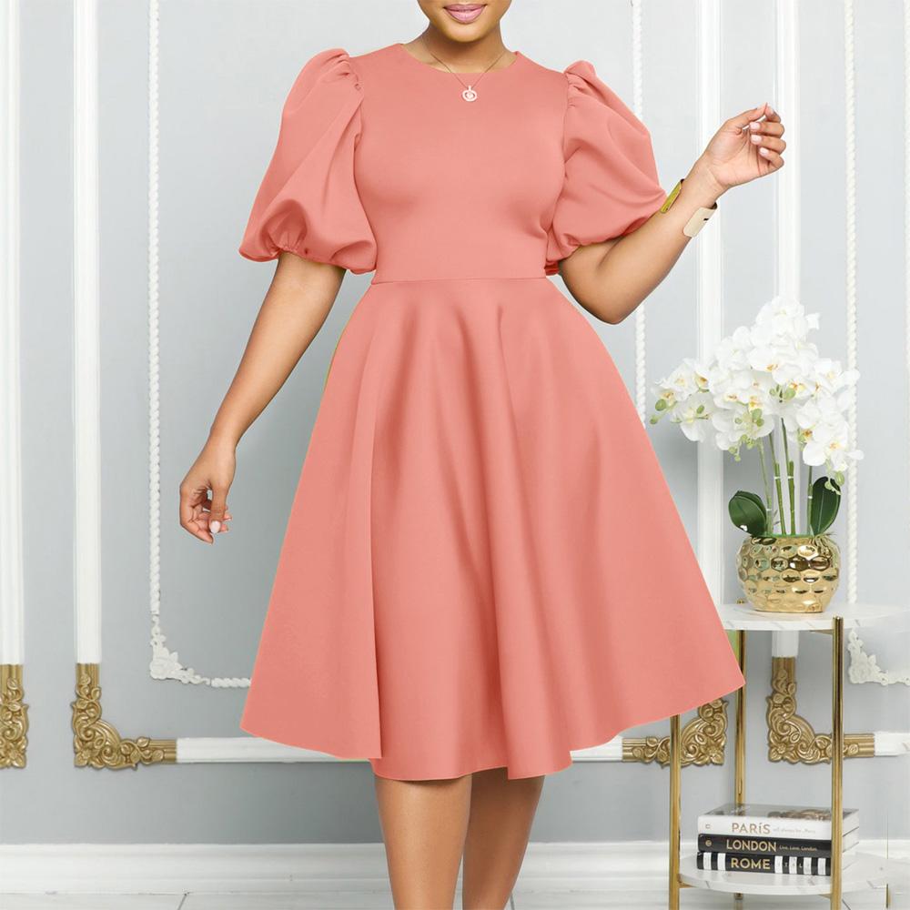 Summer Fashion Party Dresses for Women 2026 New O Neck Short Sleeve High Waisted Pleated Mid Calf Fashion Ladies Birthday Dinner Dress