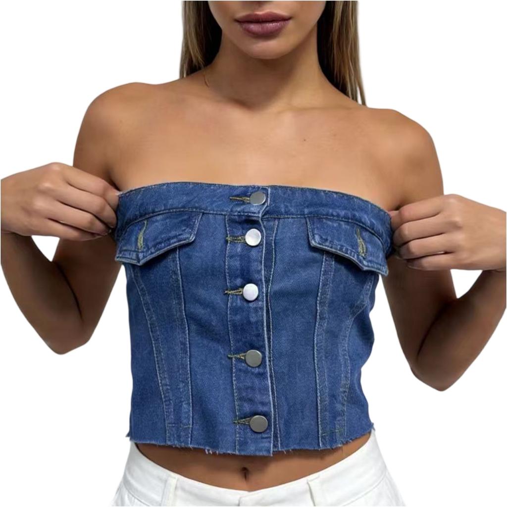 Damen Kurzes Slim Und Sexy Denim Trägerloses Top