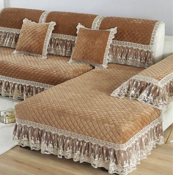 Velvet Sofa Cover Embroidery White Jacquard Lattice Towel Couch Anti-slip Armrest Backrest Sofa Coushion Living Room Seat Cover