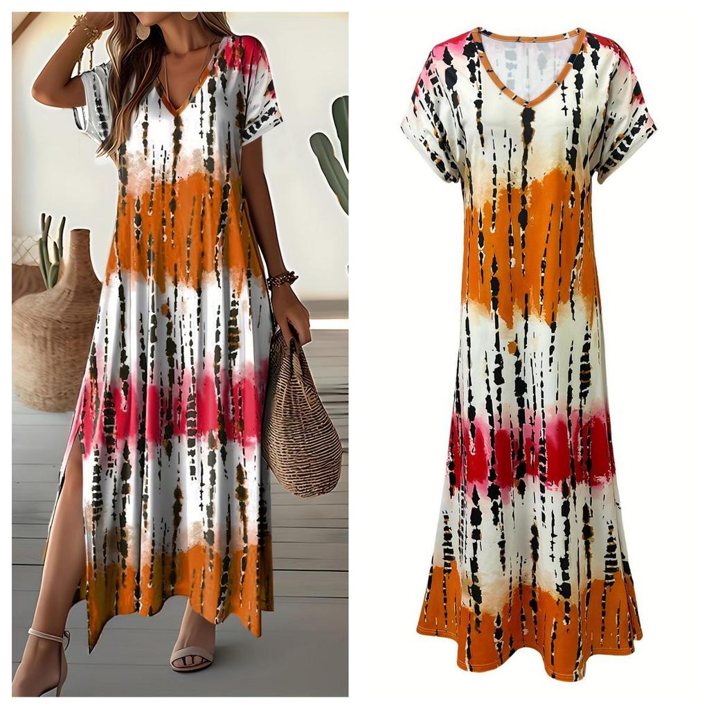 Plus Size Women's Summer V-Neck Slit Dress with Digital Print - European & American Street Style