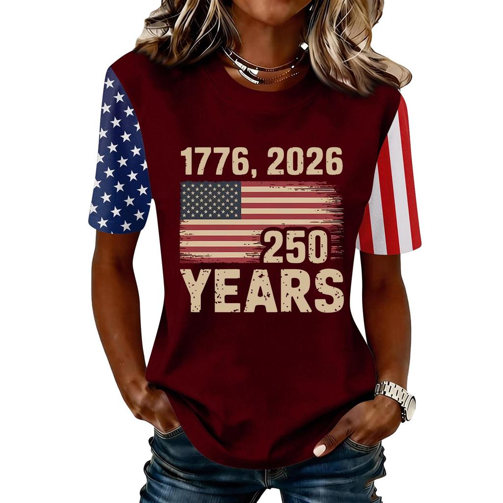 Blusa Feminina da Moda Casual de Manga Curta com Estampa e Gola Redonda