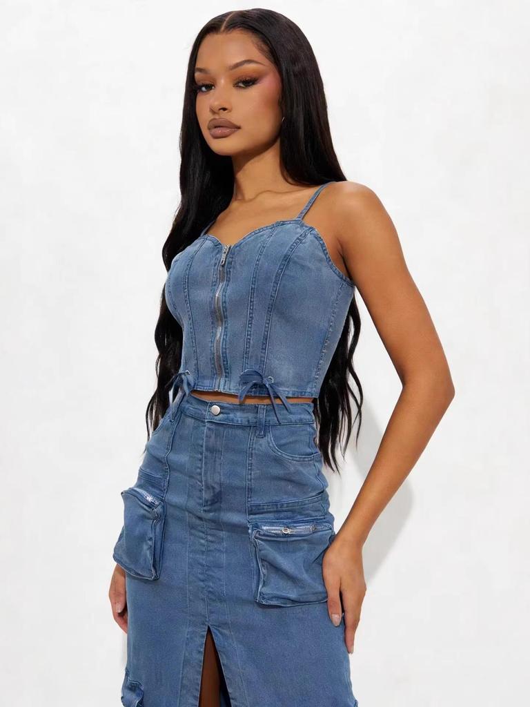 Trendy Sexy Denim Set: Zipper Spaghetti Strap Top & Split Long Skirt with Pockets