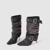 Fashion Retro Denim Rivet Strap Buckle Women Mid-calf Boots Fashion Pleated Design High Heels Autumn Winter Western Cowboy Boots Shoes