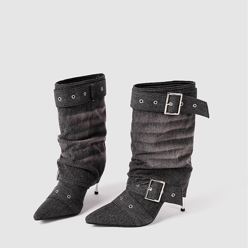 Fashion Retro Denim Rivet Strap Buckle Women Mid-calf Boots Fashion Pleated Design High Heels Autumn Winter Western Cowboy Boots Shoes
