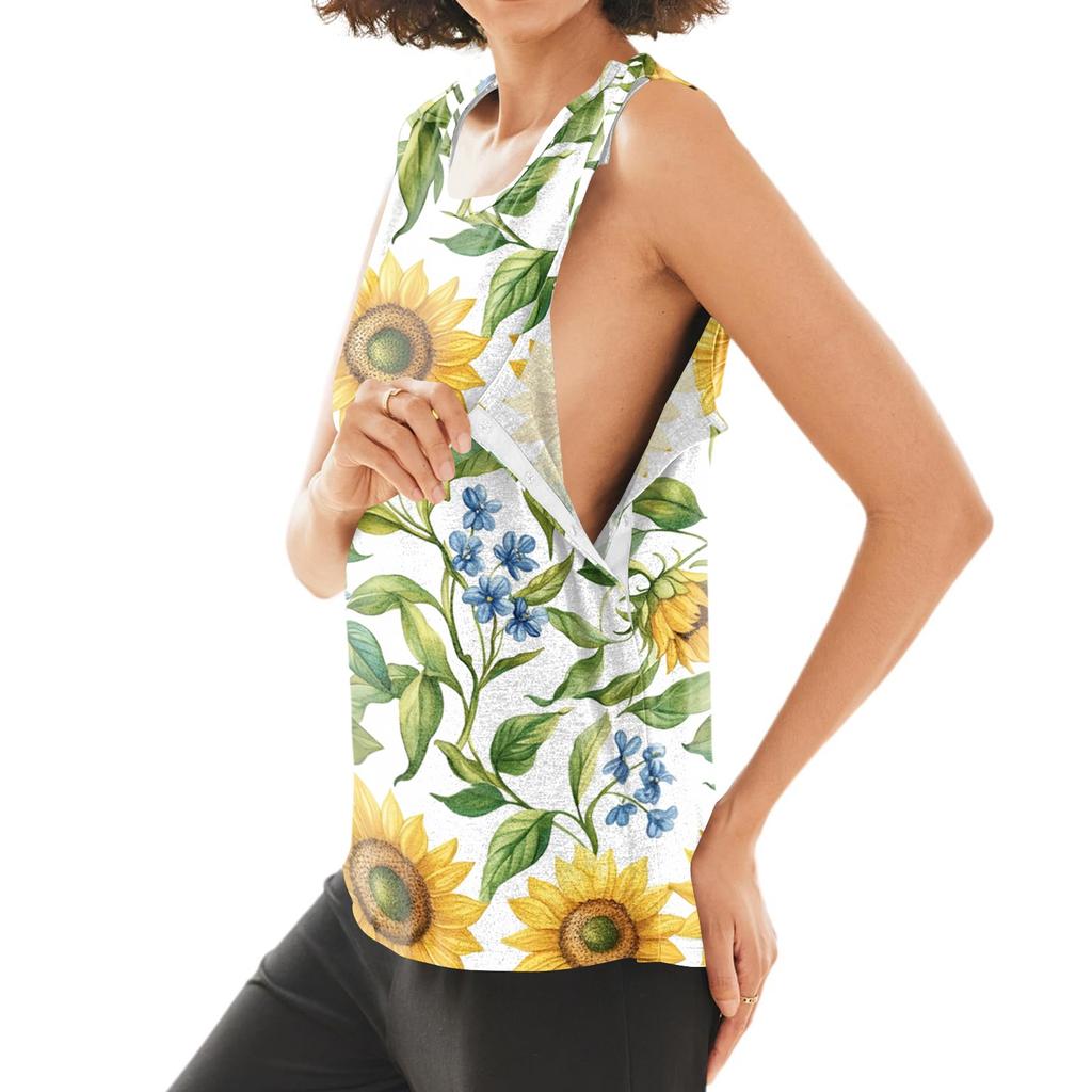 Women Shoulder Surgery Shirt Sleeveless Floral Print Top with Snap Buttons and Adjustable Cuff Design Postoperative Recovery Garment