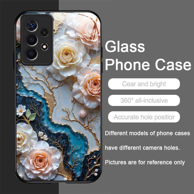 White Camellia Flower Marble Texture Tempered Glass Phone Case for Samsung Galaxy S26 S25 Ultra S24 S23 Plus S22+ S21 FE Covers