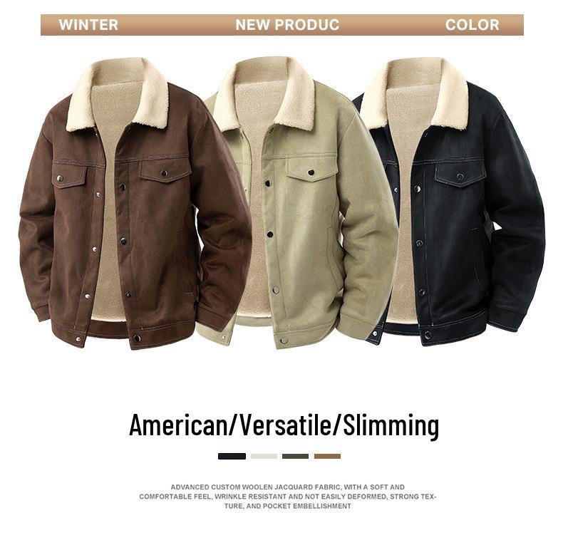 Men's American Retro Suede Plush Top Coat - Casual Winter Jacket with Extra Velvet and Thickness.