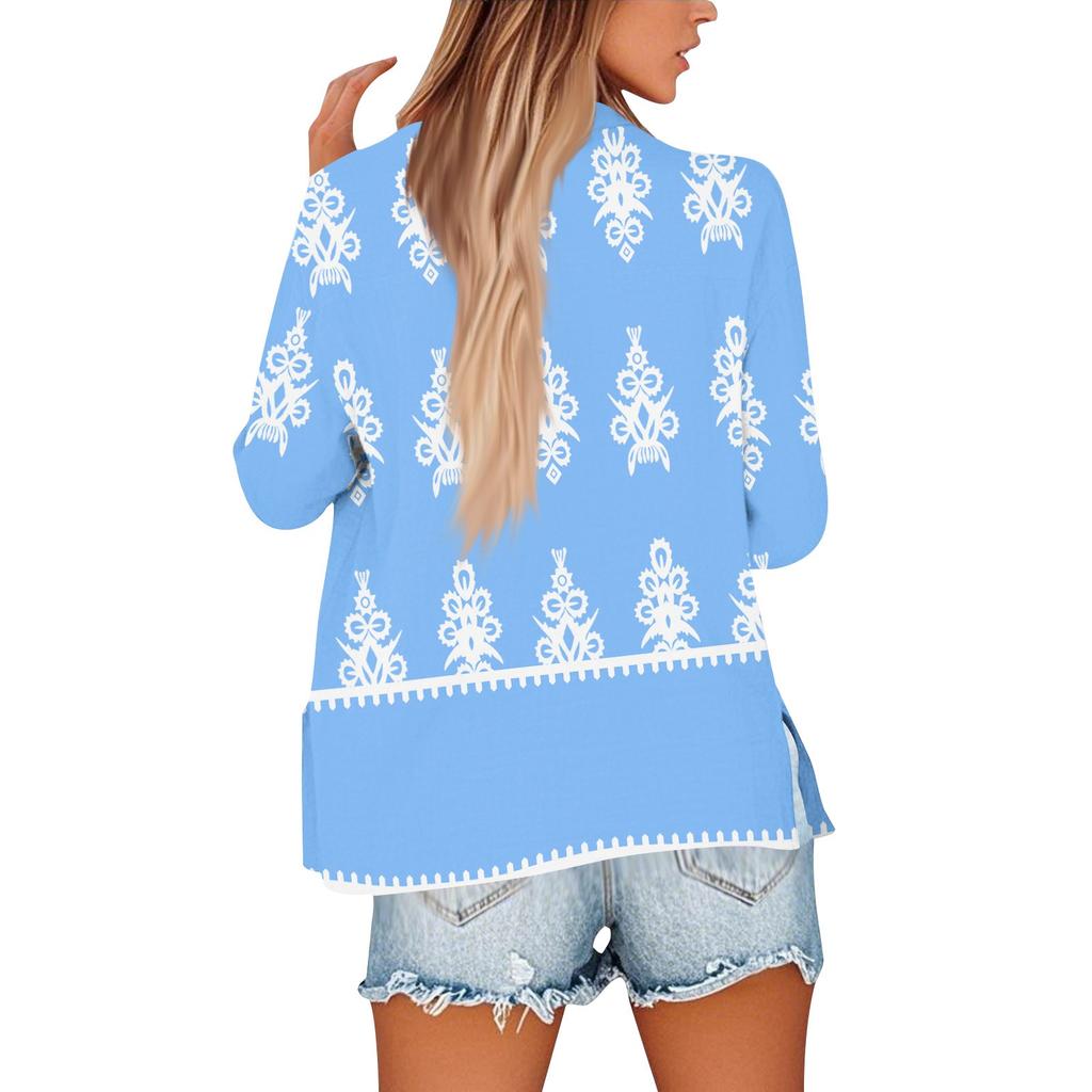 Women's Loose Floral Print Stand Collar Long Sleeve Cotton And Linen Top
