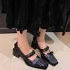 Fashion Square Toe Retro Belt Buckle Pumps Retro Genuine Leather British Style Thick Heel Casual Shoes Black Ladies Mary Jane Shoes