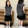 Girls' Sleeveless Cotton Vest & T-Shirt Set - Casual Summer Two-Piece for Medium & Large Girls