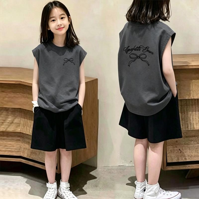Girls' Sleeveless Cotton Vest & T-Shirt Set - Casual Summer Two-Piece for Medium & Large Girls