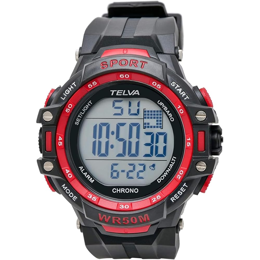 Crepha TELVA Digital Multifunction Sports Watch 5 ATM Water Resistant Large Screen Red Men s Rubber Strap