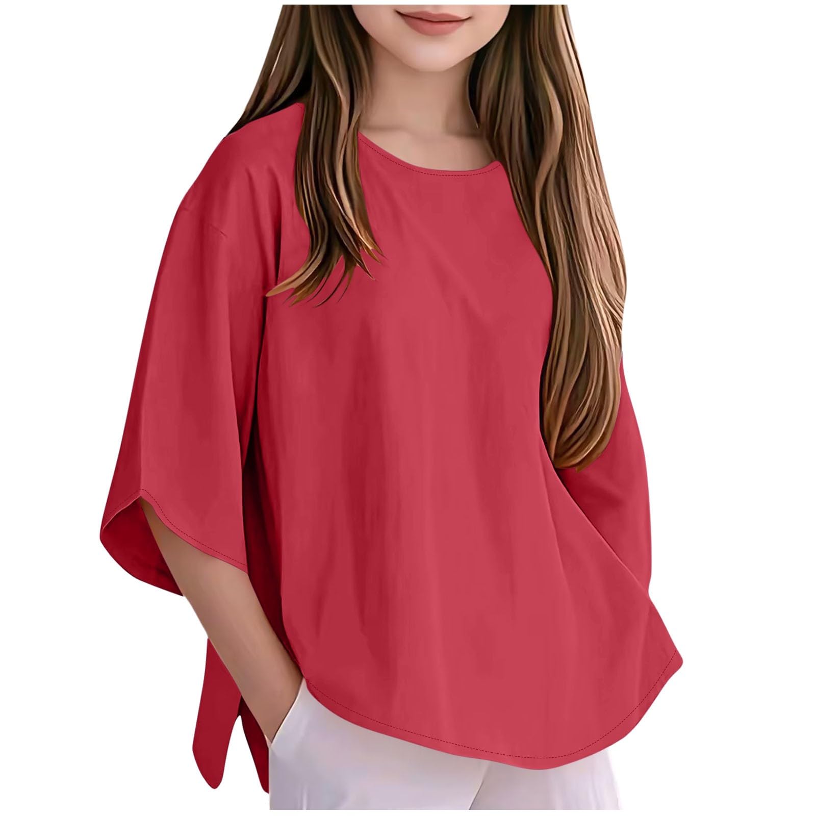 

Girls Shirts Loose 3/4 Sleeve Crewneck Blouses Lightweight Casual Tops 170 червоний