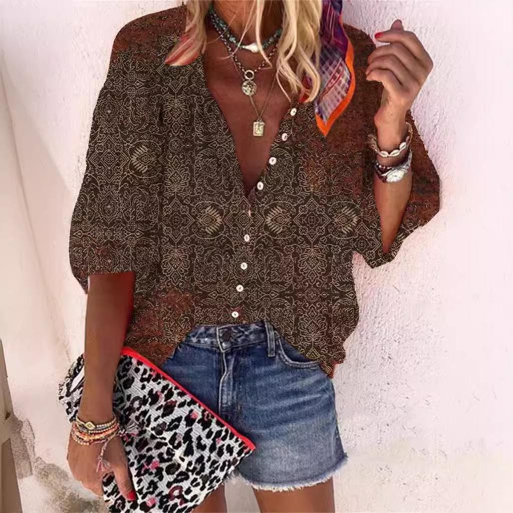 Summer Fashion Stand Up Collar Loose Button Retro Printed Casual Seven Inch Sleeves Women's Blouses & Shirts