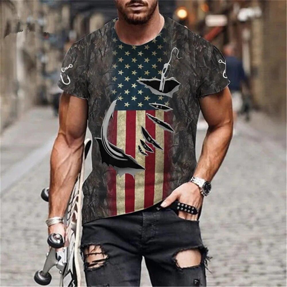 3D Printed Summer Fashion Outdoor Fishing  T-Shirt Europe And America Casual Retro Street Style Round Neck Short Sleeve Men Tees