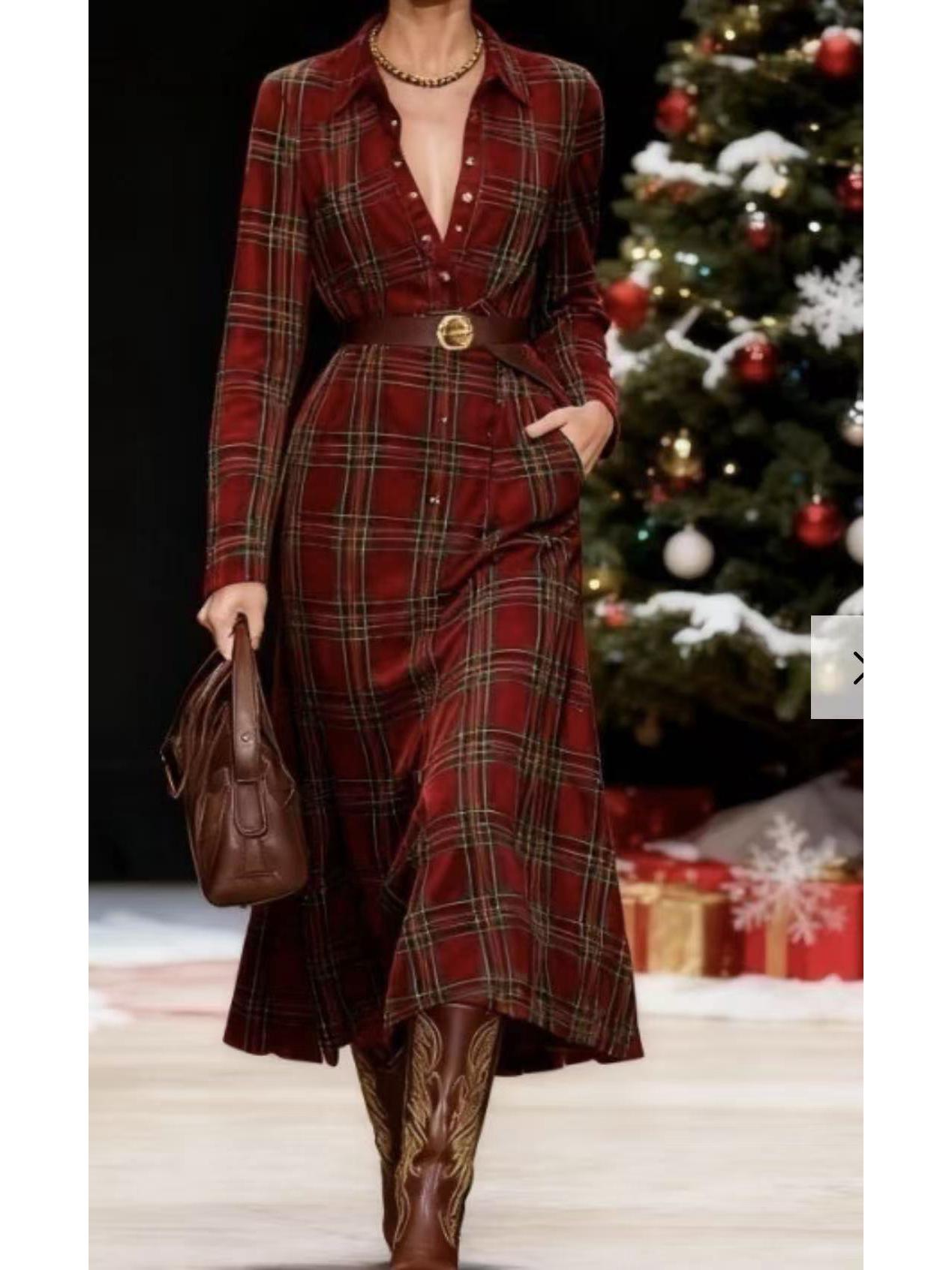 2025 Autumn/Winter New Collection: Women s Long-Sleeve Plaid Shirt Dress - European American Style M темно-красного