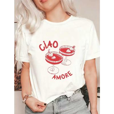 Dam T-shirt med korta ärmar med retro rött tryck "CIAO AMORE" Cocktail & Hjärta