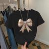 Women's European & American Summer Pearl Bow Print Slim Fit T-Shirt - Spicy Girl Design, Flattering Round Neck, Short Sleeve