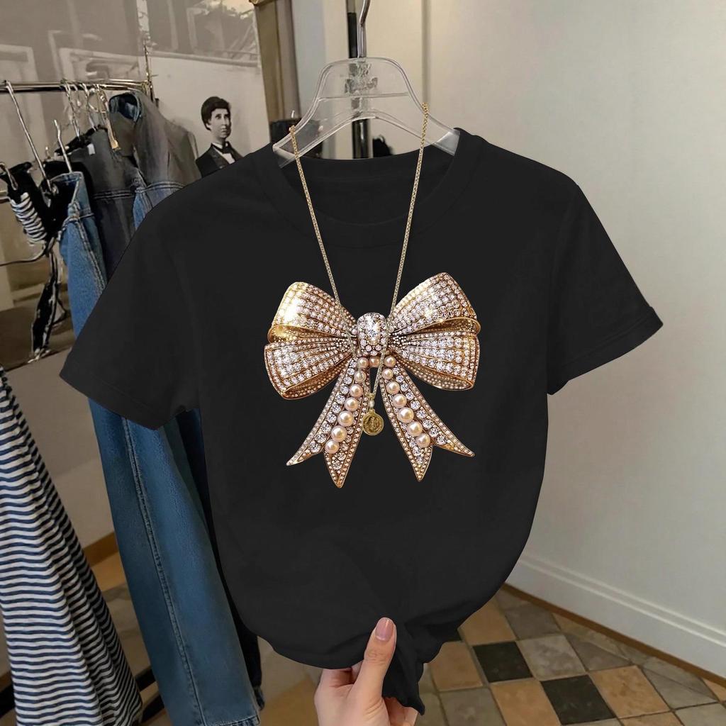 Women's European & American Summer Pearl Bow Print Slim Fit T-Shirt - Spicy Girl Design, Flattering Round Neck, Short Sleeve