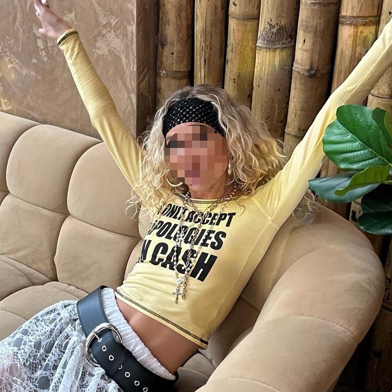 European and American autumn and winter women's sexy spicy girl one shoulder letter printed tight T-shirt top