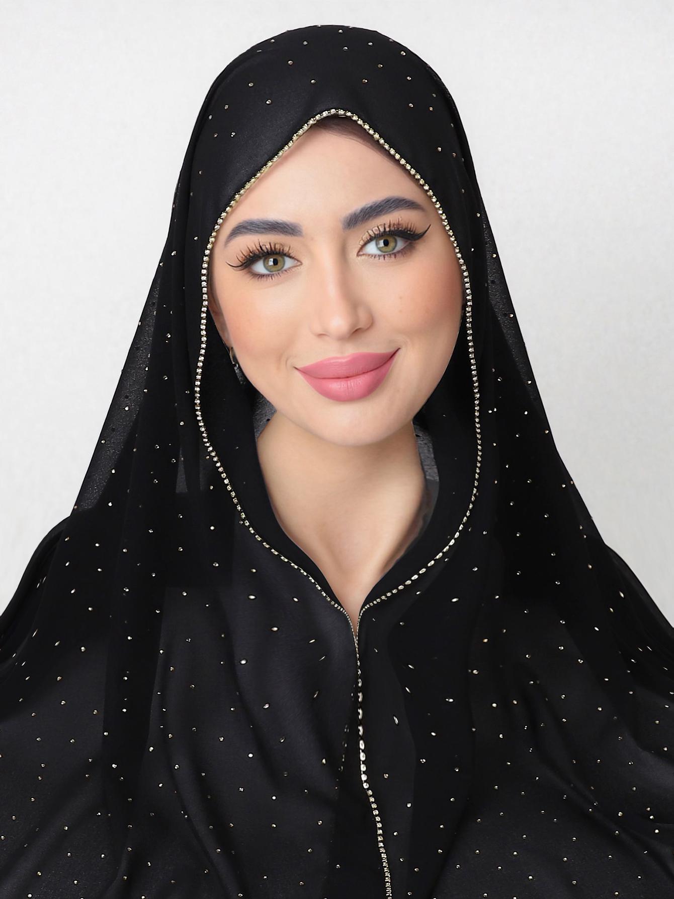 Yto Home Women's Gold Chiffon Rhinestone Hijab Muslim Zipper Scarf Arabic Plain Headwrap Long Shawl Headscarf Islamic Foulard