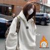 Women's Fleece-Lined Embroidered Hoodie, Thick Loose Fit, Long-Sleeve, White/Gray, New 2025 Style for Autumn/Winter.