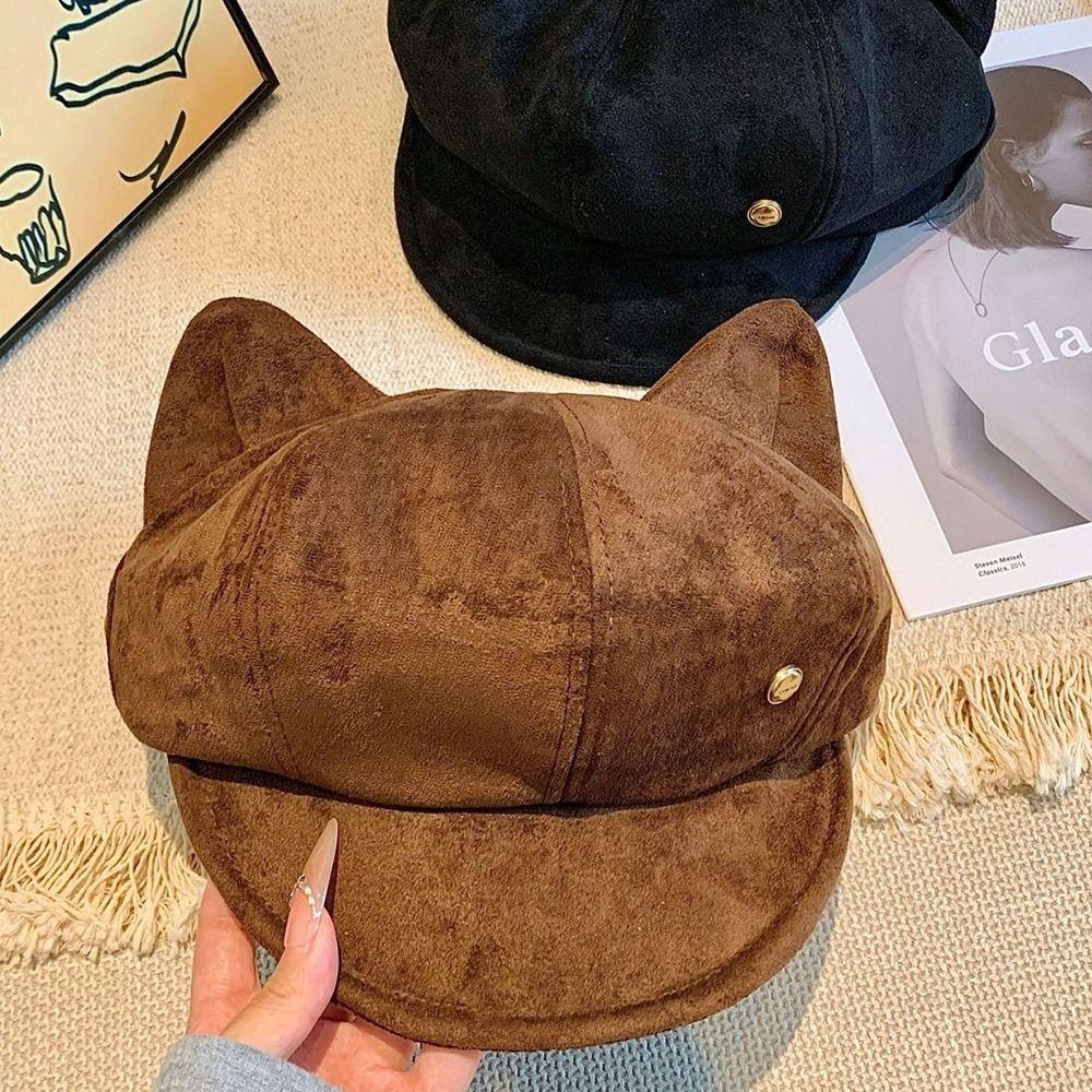 Solid Color Cat Ears Hat Suede Beret Hat Fashion Peaked Cap  Autumn Winter