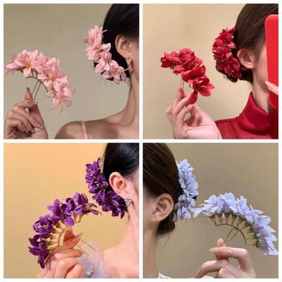 Sweet Large Flower Hair Stick Bohemian Fairy Chinese Style Side Clip Hairpin Simulation Flower Thai Hair Fork Bridesmaid