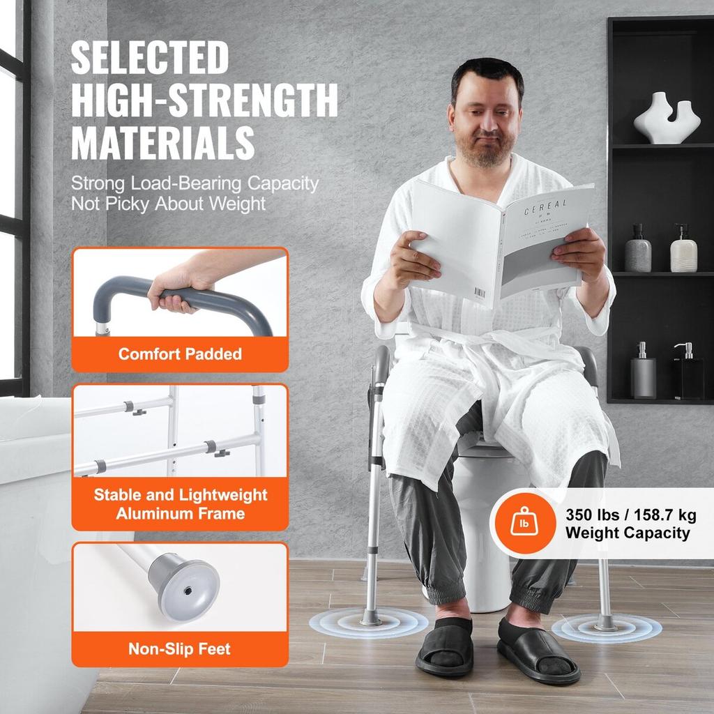 Assento Elevado para Vaso Sanitário, Ajuste de Altura de 7 Posições 490 - 640 mm, Capacidade de Peso de 158,7 kg, com Estrutura de Alumínio Acolchoada para Conforto, Assento de Vaso Sanitário Universal