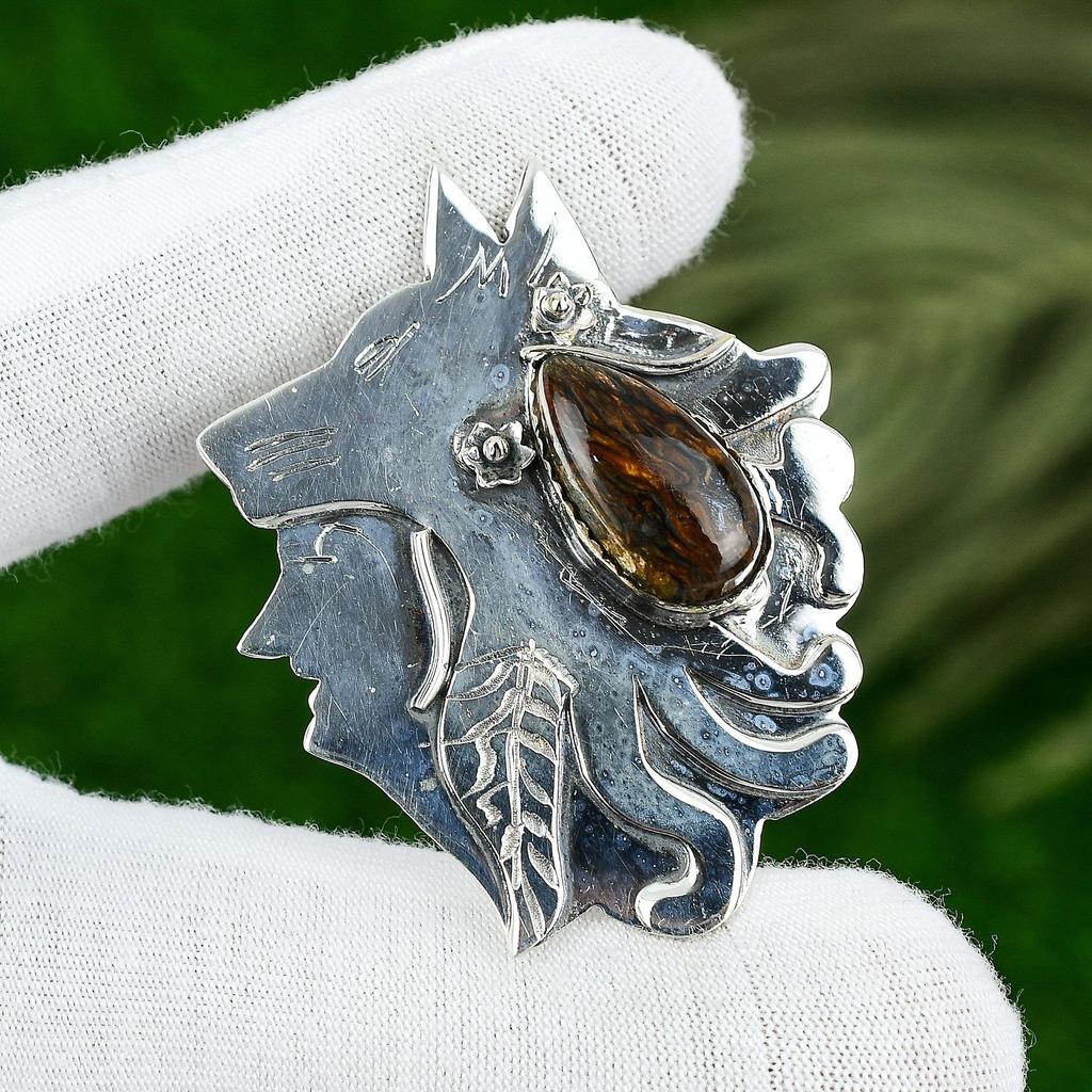 925 Silver Pear Iron Tiger Eye Stone Daughter New Bezel Art Deco Pendant Jewelry