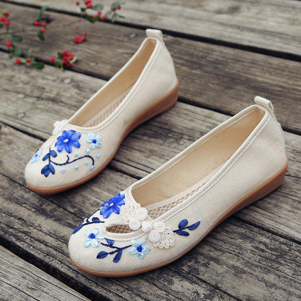 Women Ladies Casual Floral Round Toe Wegdes Embroider Loafers Canvas Shoes