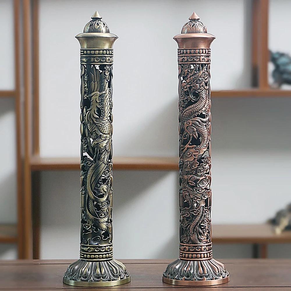 Vintage Vertical Incense Holder Dragon and Phoenix Pillar for Home Office, Celebration Decor, Room Decor,Furniture,New Year Gift